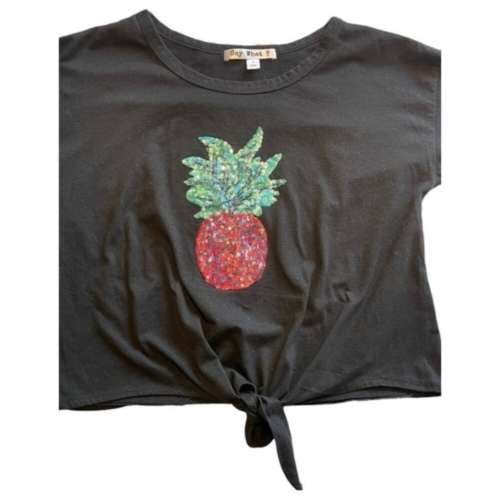 Black Top with Red & Green Sequined pineapple Size M front tie summer